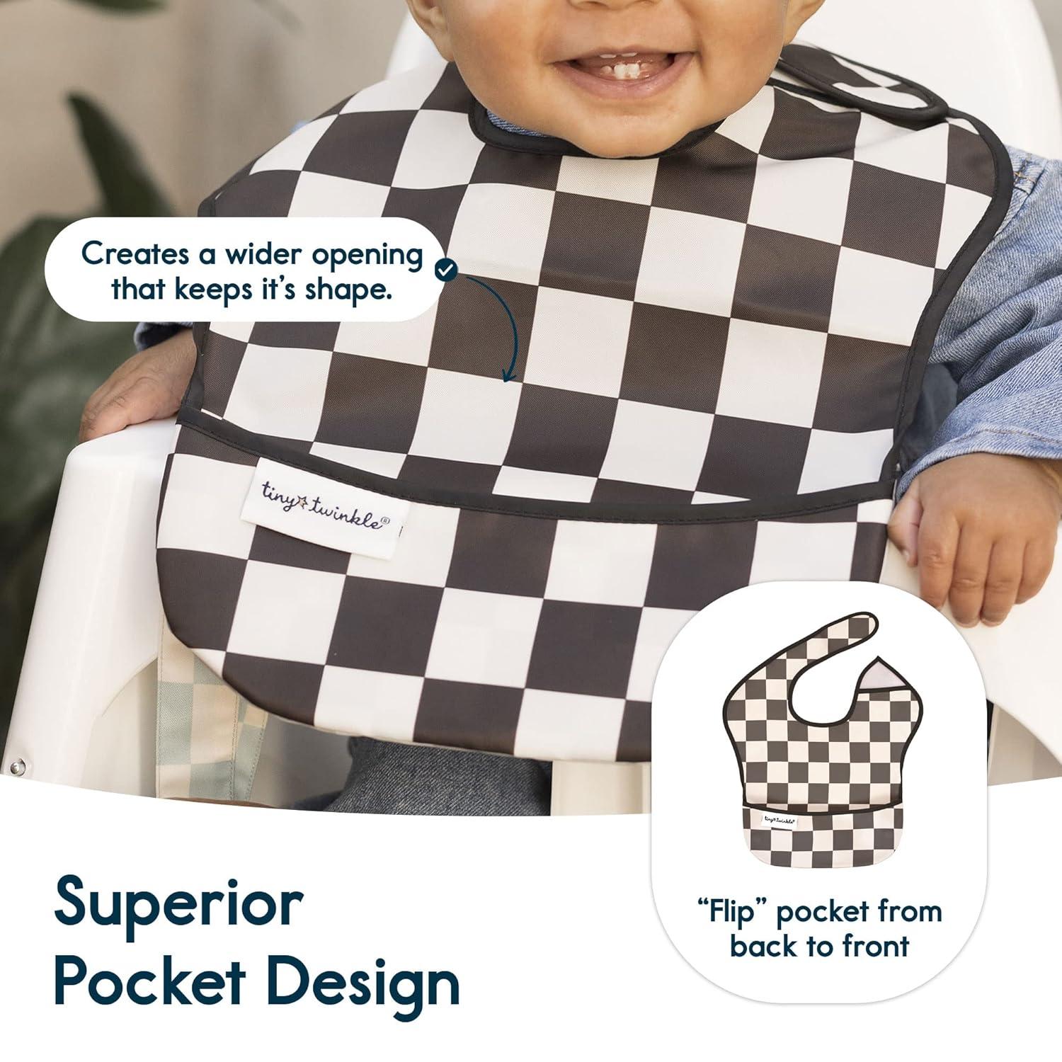 image:imageTiny Twinkle MessProof Baby Bibs for Eating Waterproof Wipeable Toddler Bibs with CatchAll Pocket Feeding Bibs for Girls amp Boys3 PackCowboy3pack Checkers Boy