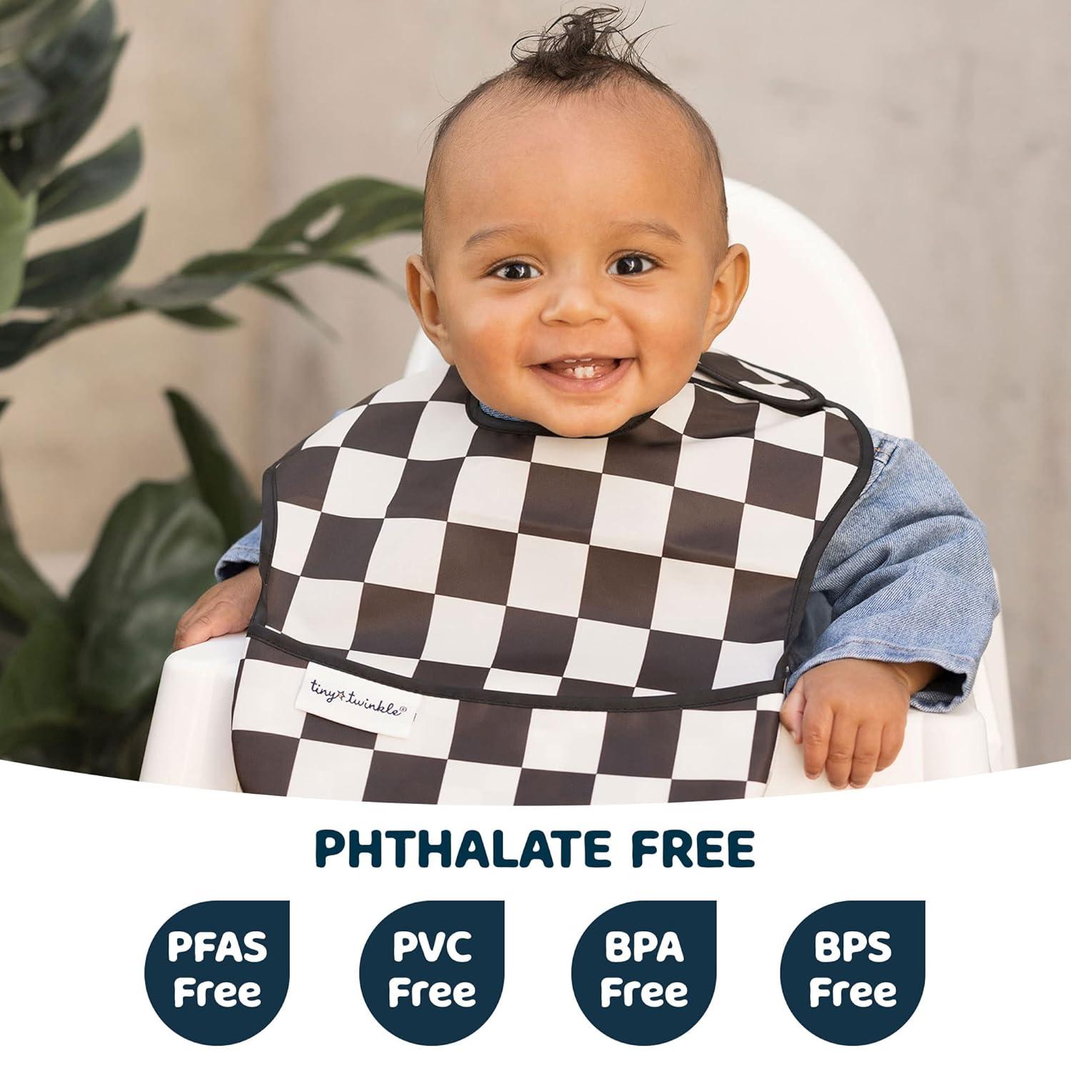 image:imageTiny Twinkle MessProof Baby Bibs for Eating Waterproof Wipeable Toddler Bibs with CatchAll Pocket Feeding Bibs for Girls amp Boys3 PackCowboy3pack Checkers Boy