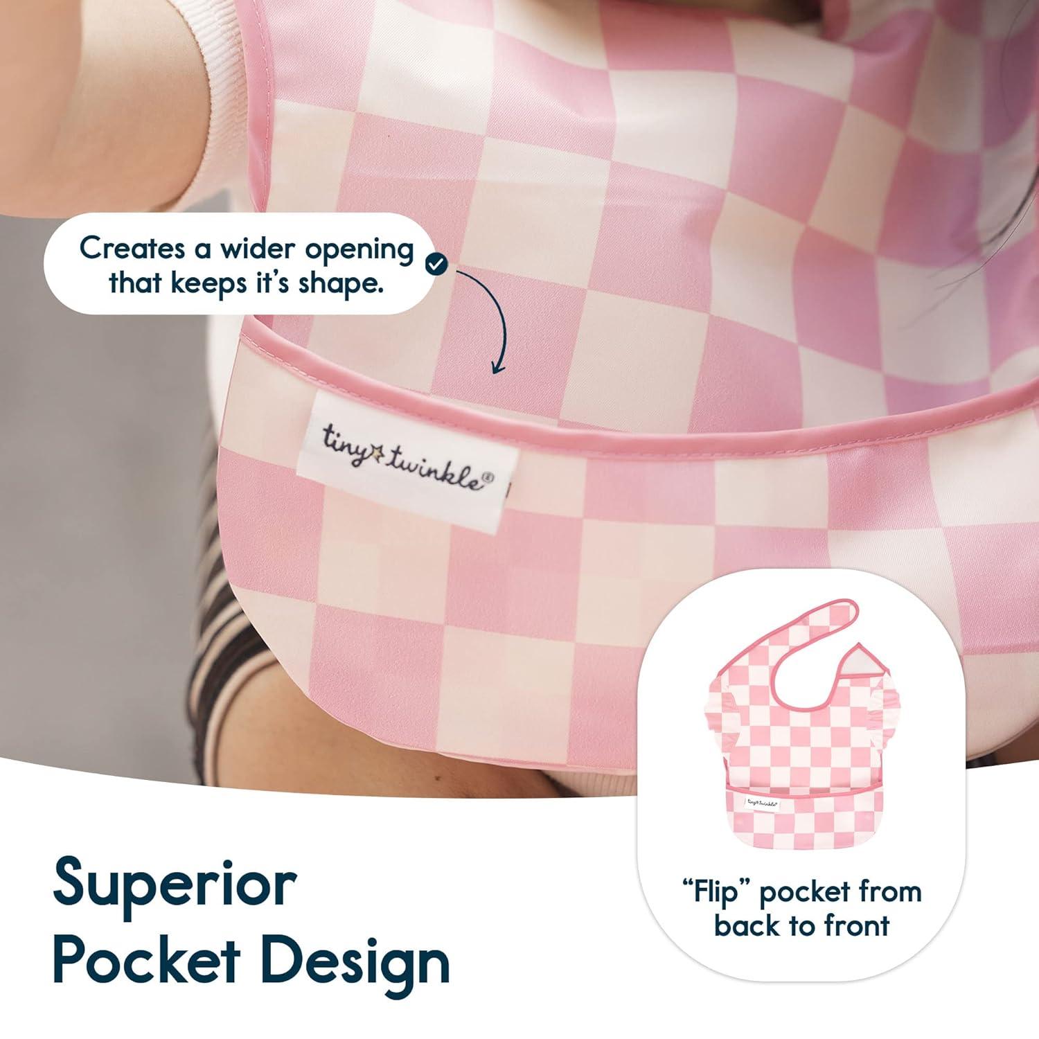 image:imageTiny Twinkle MessProof Baby Bibs for Eating Waterproof Wipeable Toddler Bibs with CatchAll Pocket Feeding Bibs for Girls amp Boys3 PackCowboy3pack Checkers Girl