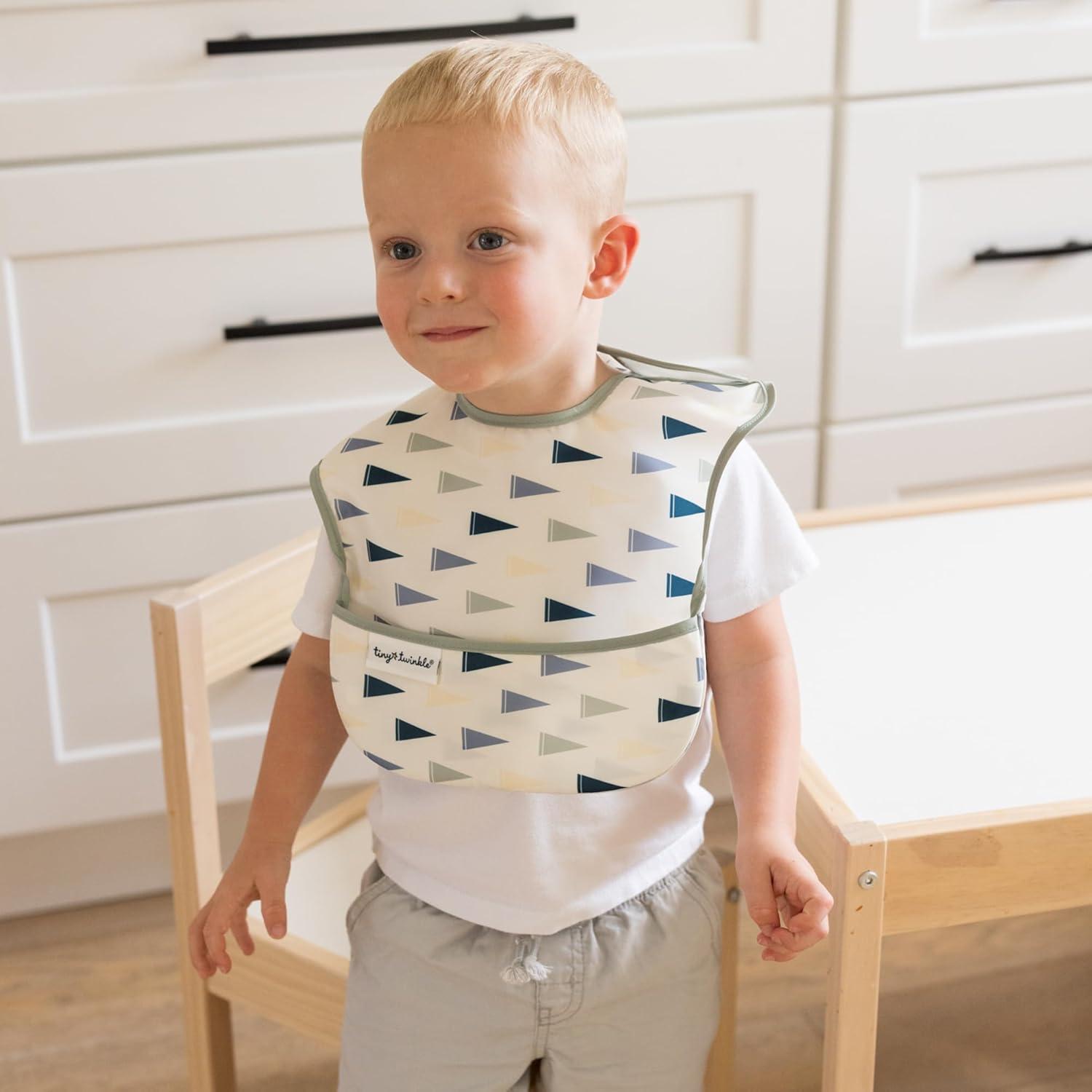 image:imageTiny Twinkle MessProof Baby Bibs for Eating Waterproof Wipeable Toddler Bibs with CatchAll Pocket Feeding Bibs for Girls amp Boys3 PackCowboy3pack Vintage Cars flags