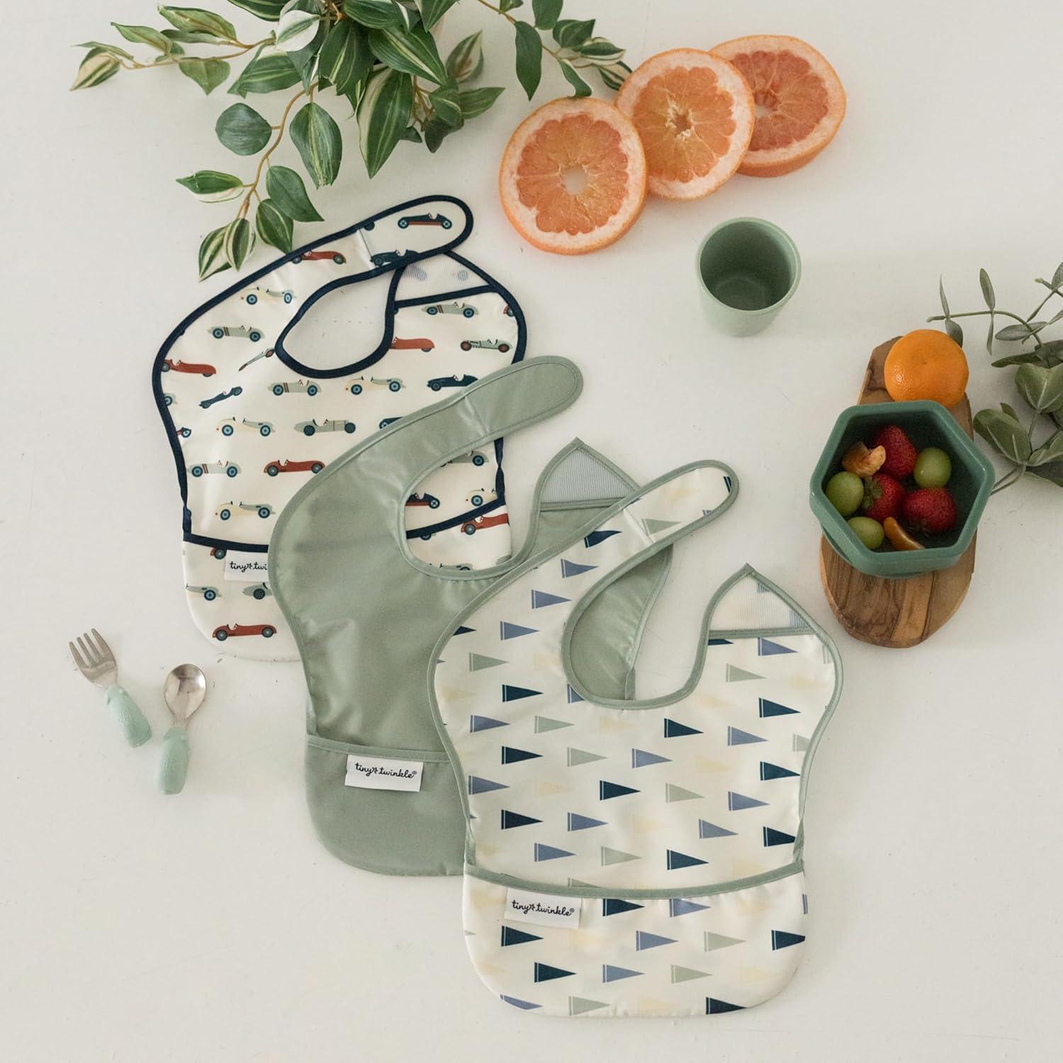 image:imageTiny Twinkle MessProof Baby Bibs for Eating Waterproof Wipeable Toddler Bibs with CatchAll Pocket Feeding Bibs for Girls amp Boys3 PackCowboy3pack Vintage Cars flags