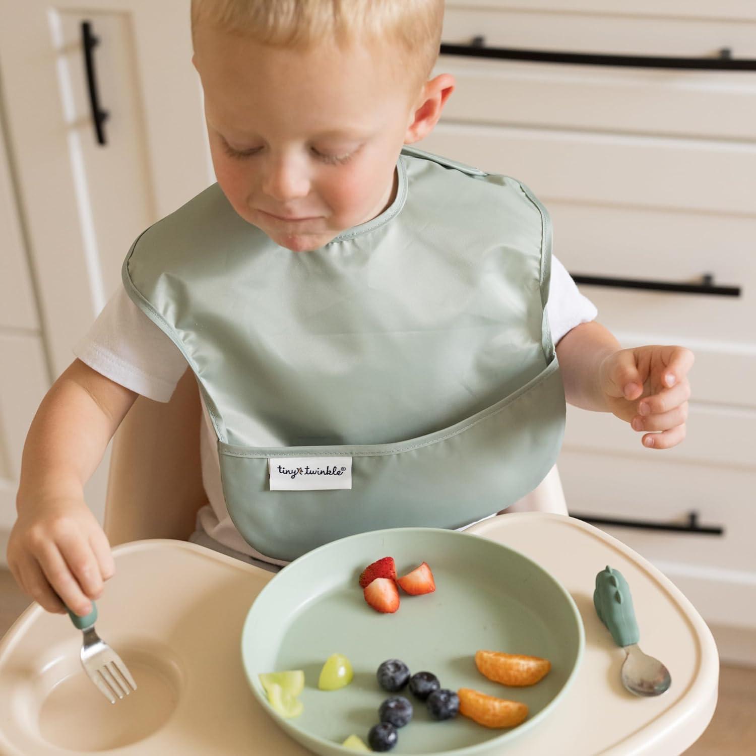 image:imageTiny Twinkle MessProof Baby Bibs for Eating Waterproof Wipeable Toddler Bibs with CatchAll Pocket Feeding Bibs for Girls amp Boys3 PackCowboy3pack Vintage Cars flags