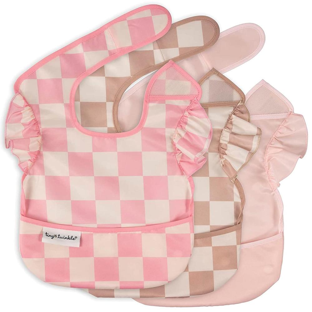 image:imageTiny Twinkle MessProof Baby Bibs for Eating Waterproof Wipeable Toddler Bibs with CatchAll Pocket Feeding Bibs for Girls amp Boys3 PackCowboy3pack Checkers Girl