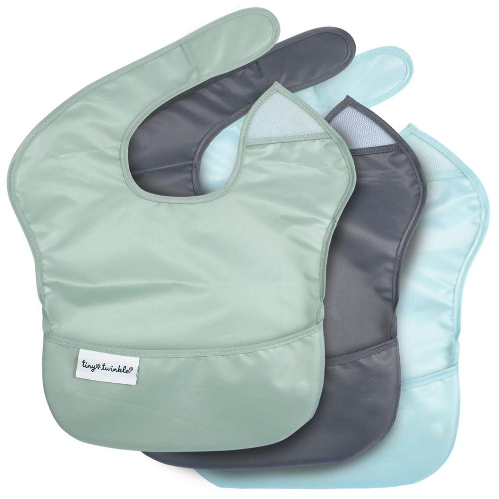 image:imageTiny Twinkle MessProof Baby Bibs for Eating Waterproof Wipeable Toddler Bibs with CatchAll Pocket Feeding Bibs for Girls amp Boys3 PackCowboy3pack Sage Charcoal