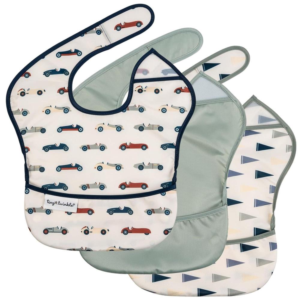 image:imageTiny Twinkle MessProof Baby Bibs for Eating Waterproof Wipeable Toddler Bibs with CatchAll Pocket Feeding Bibs for Girls amp Boys3 PackCowboy3pack Vintage Cars flags