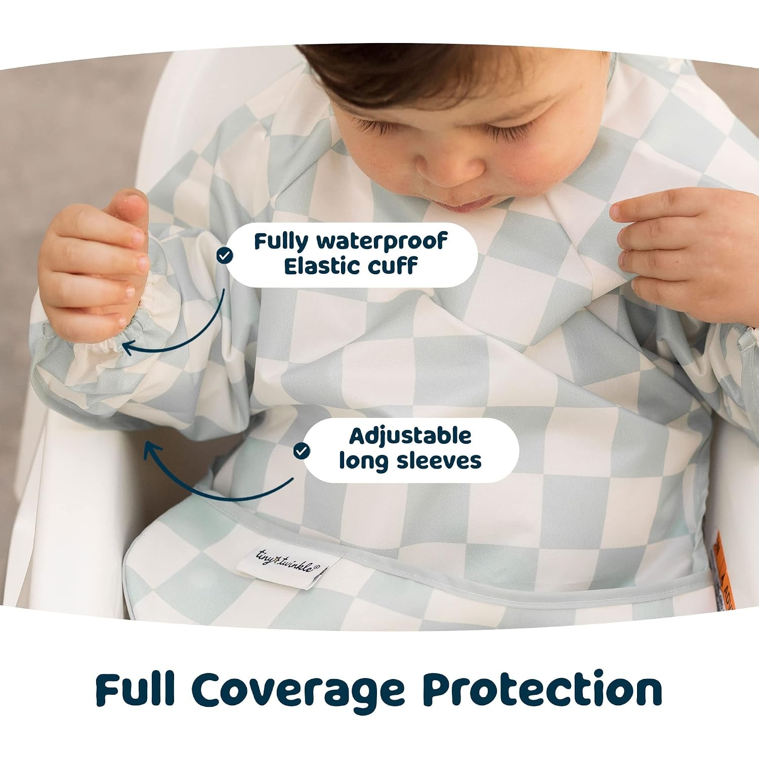 image:imageTiny Twinkle Long Sleeve Bib for Babies amp Toddlers Waterproof Smock Bib for Eating Machine Washable amp MessProof Feeding Essentials Newborn Shower Gift Santa 624MCheckers Sage